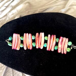 Artisan Pink dyed abalone shells and turquoise colored Bead Bracelet reversible